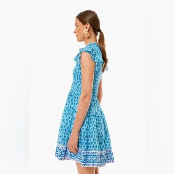 OLIPHANT Smocked Flirty Blue Short Dress in Fern Blue 1707 - Picture 3 of 12